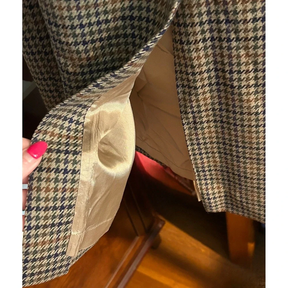 Talbots Vintage 100% Wool Houndstooth Pencil Skirt Brown Blue Plaid 10 Winter
